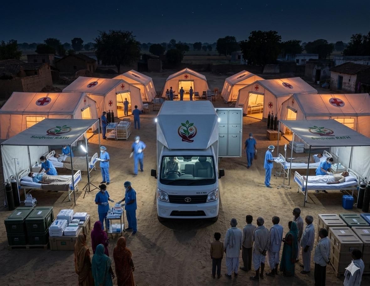 Supplied Sanjeevani Rath visual showing a mobile healthcare vehicle and medical tents